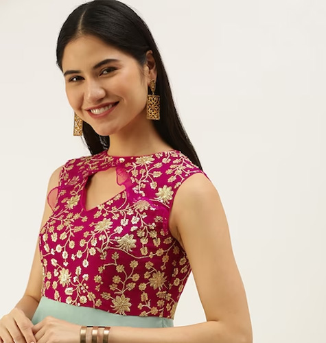 Green Magenta Ethnic Motifs Embroidered Net Ethnic Maxi Maxi Dress